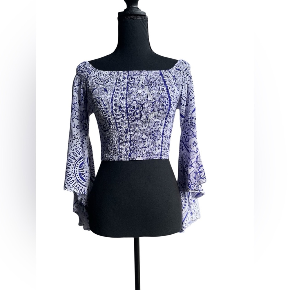 Jaase Cropped-Smocked-Off Shoulder Boho Bell Sleeve Blue and White Top